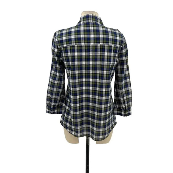 Tory Burch Tartan‎ Plaid Ruffle Collared Button Up Shirt Blue Green Size 4 - Picture 9 of 12